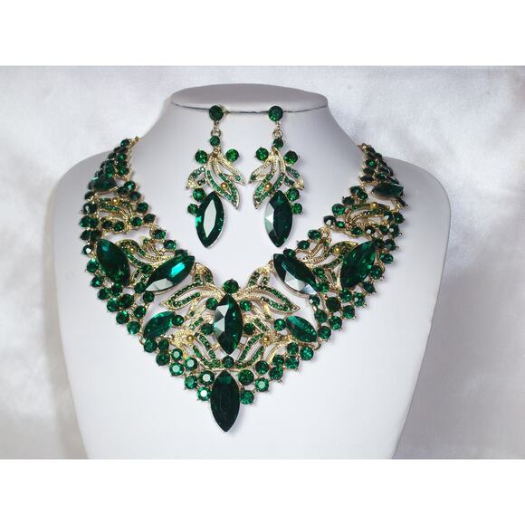 Green 2 pcs Statement Rhinestone Necklace Set, Bridal Party Drag Queen Necklace - Picture 1 of 8